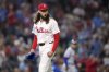 Philadelphia Phillies pitcher Matt Strahm reacts after New York Mets' Juan Soto grounded out during the eighth inning of a baseball game Monday, Sept. 8, 2025, in Philadelphia. (AP Photo/Matt Slocum)