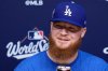 Los Angeles Dodgers pitcher Will Klein speaks prior to Game 4 of baseball's World Series against the Toronto Blue Jays, Tuesday, Oct. 28, 2025, in Los Angeles. (AP Photo/Ashley Landis)