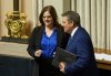 Manitoba Premier Heather Stefanson and Finance Minister Cliff Cullen chat before Cullen delivers the 2023 budget in the Manitoba Legislative Building, in Winnipeg on Tuesday, March 7, 2023. THE CANADIAN PRESS / David Lipnowski