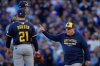 Milwaukee Brewers manager Pat Murphy takes starter Quinn Priester out of the game during the first inning of Game 3 of baseball's National League Division Series against the Chicago Cubs Wednesday, Oct. 8, 2025, in Chicago. (AP Photo/Erin Hooley)
