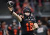 B.C. Lions quarterback Nathan Rourke passes during the second half of the CFL western semifinal football game against the Calgary Stampeders, in Vancouver, on Saturday, November 1, 2025. THE CANADIAN PRESS/Darryl Dyck