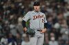 Detroit Tigers starting pitcher Tarik Skubal reacts after giving up a single to Seattle Mariners designated hitter Mitch Garver during the seventh inning in Game 2 of baseball's American League Division Series, Sunday, Oct. 5, 2025, in Seattle. (AP Photo/Lindsey Wasson)
