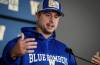 JOHN WOODS / FREE PRESS
                                Winnipeg Blue Bombers quarterback Zach Collaros (8) talks to media as the team cleans out their lockers in the dressing room at the stadium in Winnipeg, Sunday, November 2, 2025. Reporter: jeff