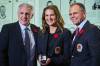 Hockey Hall of Fame selection committee chair Ron Francis, left to right, inductee Jennifer Botterill and chairman Mike Gartner pose for a photograph in Toronto, on Saturday, Nov. 8, 2025. THE CANADIAN PRESS/Sammy Kogan