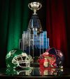 David Lipnowski / THE CANADIAN PRESS
                                Saskatchewan Roughriders and Montreal Alouettes helmets in front of the Grey Cup during the Grey Cup head coaches&rsquo; media conference in Winnipeg, Tuesday, Nov. 11, 2025. The Alouettes and Roughriders are set to to play the 112th Grey Cup on Dec. 16.
