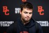 B.C. Lions quarterback Nathan Rourke pauses as he speaks during the CFL team's season-ending media availability at their practice facility in Surrey, B.C. on Nov. 9, 2025 THE CANADIAN PRESS/Ethan Cairns
