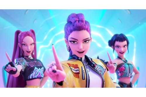 This image released by Netflix shows characters, from left, Mira, Rumi, Zoey in a scene from 