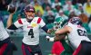 Montreal Alouettes quarterback McLeod Bethel-Thompson (4) throws the football against the Saskatchewan Roughriders during first half CFL football action in Regina, on Saturday, September 13, 2025. THE CANADIAN PRESS/Heywood Yu