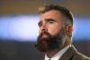 ESPN Monday Night Football Countdown commentator Jason Kelce looks to the stands during warmups before an NFL football game between the Kansas City Chiefs and the Washington Commanders, Monday, Oct. 27, 2025 in Kansas City, Mo. (AP Photo/Reed Hoffmann)