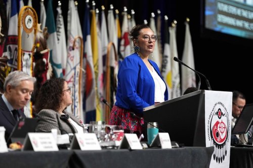 Minister of Indigenous Services Mandy Gull-Masty speaks at the Assembly of First Nations (AFN) Special Chiefs Assembly in Ottawa on Thursday, Dec. 4, 2025. THE CANADIAN PRESS/Justin Tang