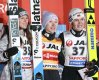Winner Nika Prevc of Slovenia, centre, second place Abigail Strate of Canada, left, and third place Anna Odine Strom of Norway celebrate after the women's large hill individual event, during the Ski Jumping World Cup in Sapporo, northern Japan, Saturday Jan. 24, 2026. (Yuta Omori/Kyodo News via AP)