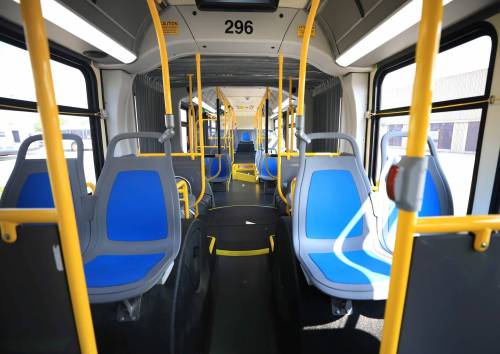 Ruth Bonneville / Free Press Local - first 60-foot battery-electric bus Photo inside the Winnipeg’s 1st 60-foot battery-electric bus. Winnipeg Mayor Scott Gillingham and Winnipeg Transit hold press conference and ride-along to celebrate being the first Canadian city to put 60-foot battery-electric buses into service at Winnipeg Transit’s Fort Rouge Garage Thursday. Story by JOYANNE Aug 7th, 2025