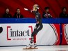 William Dandjinou of Canada celebrates after winning the 500m race at the ISU Short Track World Tour speed skating event in Montreal on Sunday, Oct. 19, 2025. THE CANADIAN PRESS/Christopher Katsarov