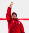 Mikael Kingsbury from Deux-Montagnes, Que., holds up four fingers as he celebrates silver in the men's moguls at the Milano Cortina 2026 Winter Olympic Games in Livigno, Italy on Thursday, Feb. 12, 2026. Kingsbury has won four Olympic medals becoming the first male freestyle skier to do so. THE CANADIAN PRESS/Sean Kilpatrick