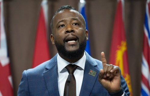 President and CEO of the Black Class Action Secretariat Nicholas Marcus Thompson speaks during a news conference on Parliament Hill, in Ottawa, Wednesday, Oct. 22, 2025. THE CANADIAN PRESS/Adrian Wyld