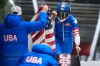United States' gold medalist Elana Meyers Taylor celebrates at the finish after the women's monobob competition at the 2026 Winter Olympics, in Cortina d'Ampezzo, Italy, Monday, Feb. 16, 2026.(AP Photo/Aijaz Rahi)