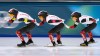 Team Canada is led by Isabelle Weidemann, followed by Valerie Maltais, center, and Ivanie Blondin, right, as they compete in the women's team pursuit quarterfinals speedskating race at the 2026 Winter Olympics, in Milan, Italy, Saturday, Feb. 14, 2026. (AP Photo/Ben Curtis)
