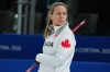 Canada's Rachel Homan looks on during the women's curling round-robin session against Sweden at the 2026 Winter Olympics in Cortina d'Ampezzo, Italy on Feb. 17, 2026. (AP Photo/Misper Apawu)
