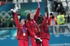 Canada's Ivanie Blondin, Isabelle Weidemann, centre, and Valerie Maltais, right, celebrate winning gold medals on the podium after the final of the women's team pursuit speedskating race at the 2026 Winter Olympics, in Milan, Italy, Tuesday, Feb. 17, 2026.THE CANADIAN PRESS/Nathan Denette