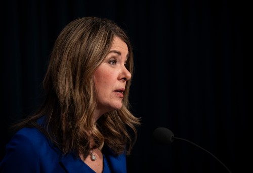 Alberta Premier Danielle Smith answers questions at a news conference in Calgary, on Friday, Feb. 20, 2026. THE CANADIAN PRESS/Todd Korol