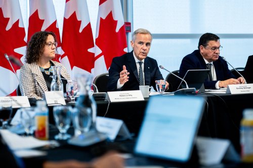Prime Minister Mark Carney delivers opening remarks ahead of the Métis Major Projects Summit at the Royal Canadian Geographical Society in Ottawa on Thursday, Aug. 7, 2025. THE CANADIAN PRESS/Spencer Colby