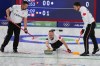 Canada's Brad Jacobs, Brett Gallant and Ben Hebert compete in a men's curling semifinal match against Norway at the 2026 Winter Olympics, in Cortina d'Ampezzo, Italy, Thursday, Feb. 19, 2026. (AP Photo/Fatima Shbair)