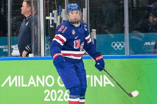 United States' Hilary Knight (21) celebrates after scoring her side's opening goal during a women's ice hockey gold medal game between the United States and Canada at the 2026 Winter Olympics, in Milan, Italy, Thursday, Feb. 19, 2026. (AP Photo/Hassan Ammar)