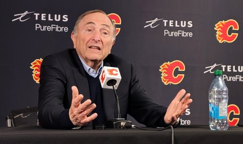 NHL Commissioner Gary Bettman speaks during a press conference in Calgary on Tuesday, March 3, 2026. THE CANADIAN PRESS/Dayne Patterson