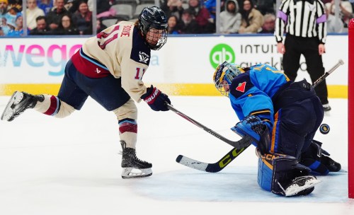Montreal Victoire's Abby Roque (11) scores on Toronto Sceptres goaltender Raygan Kirk (1) during shootout PWHL hockey action in Toronto on Tuesday, March 3, 2026. THE CANADIAN PRESS/Frank Gunn